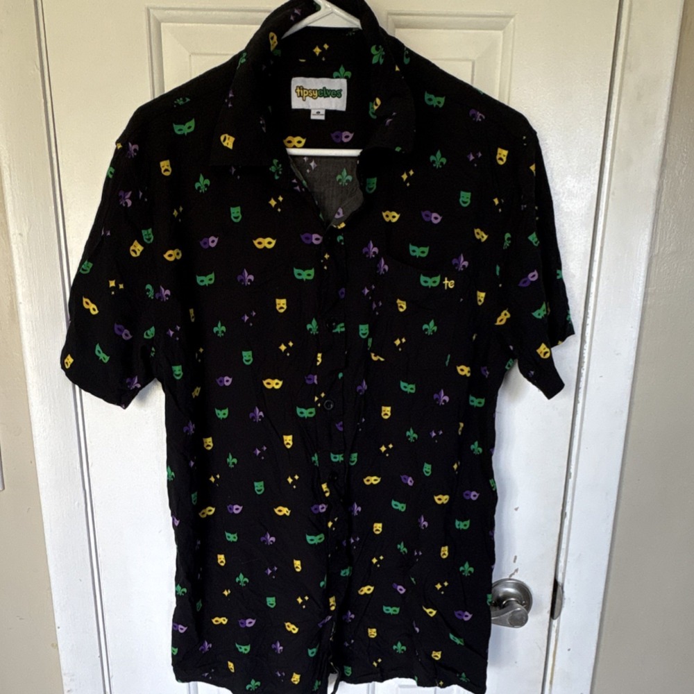 Tipsy Elves Mardi Gras Graphic Print Black Green Short Sleeve Button-Up Shirt L
